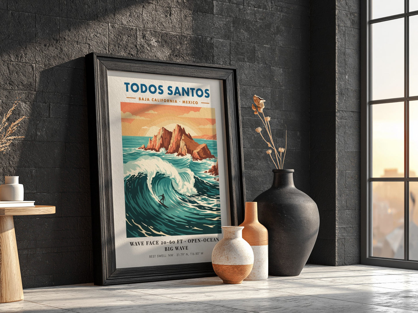 Todos Santos surf poster featuring a lone surfer on a massive blue wave