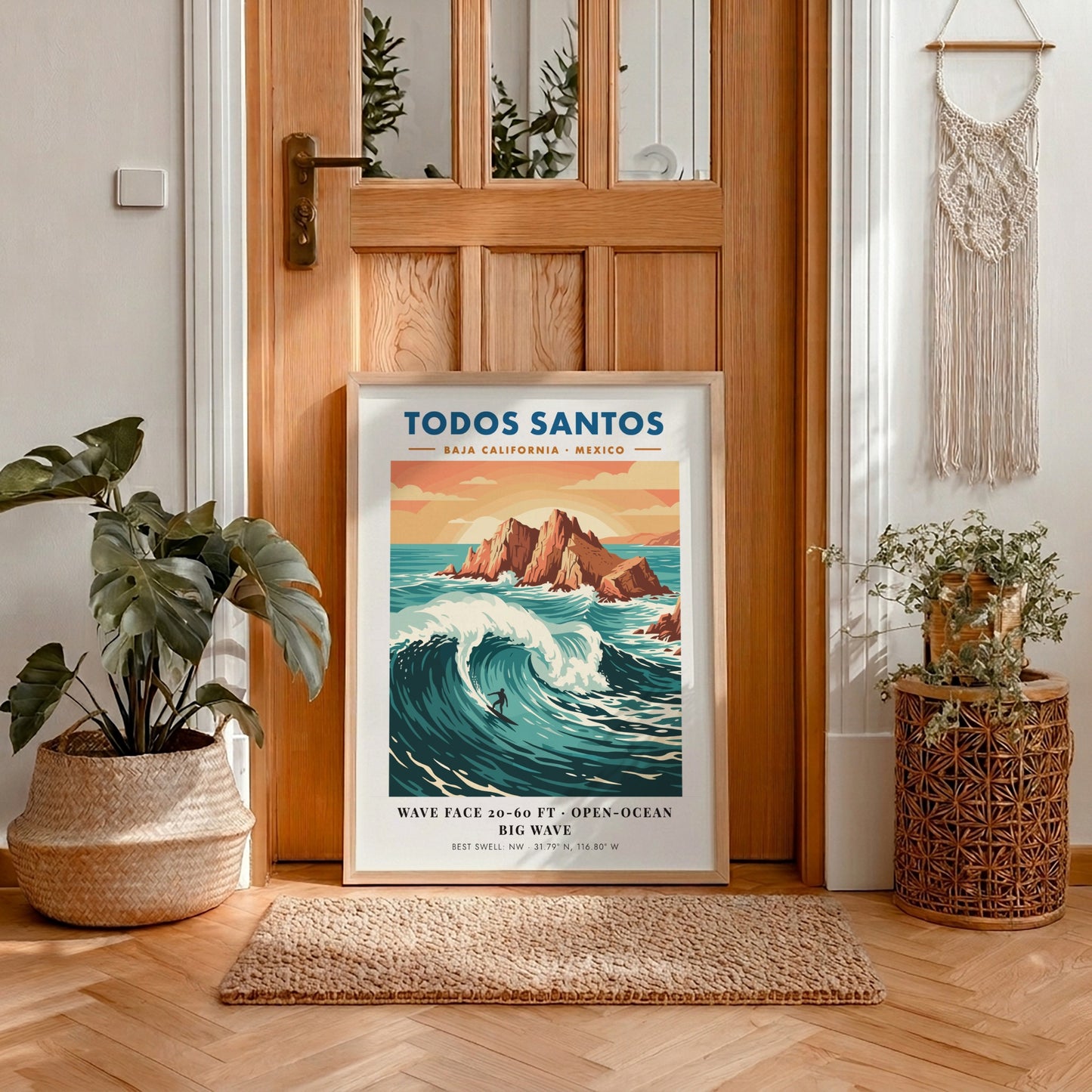 Todos Santos surf poster featuring a lone surfer on a massive blue wave