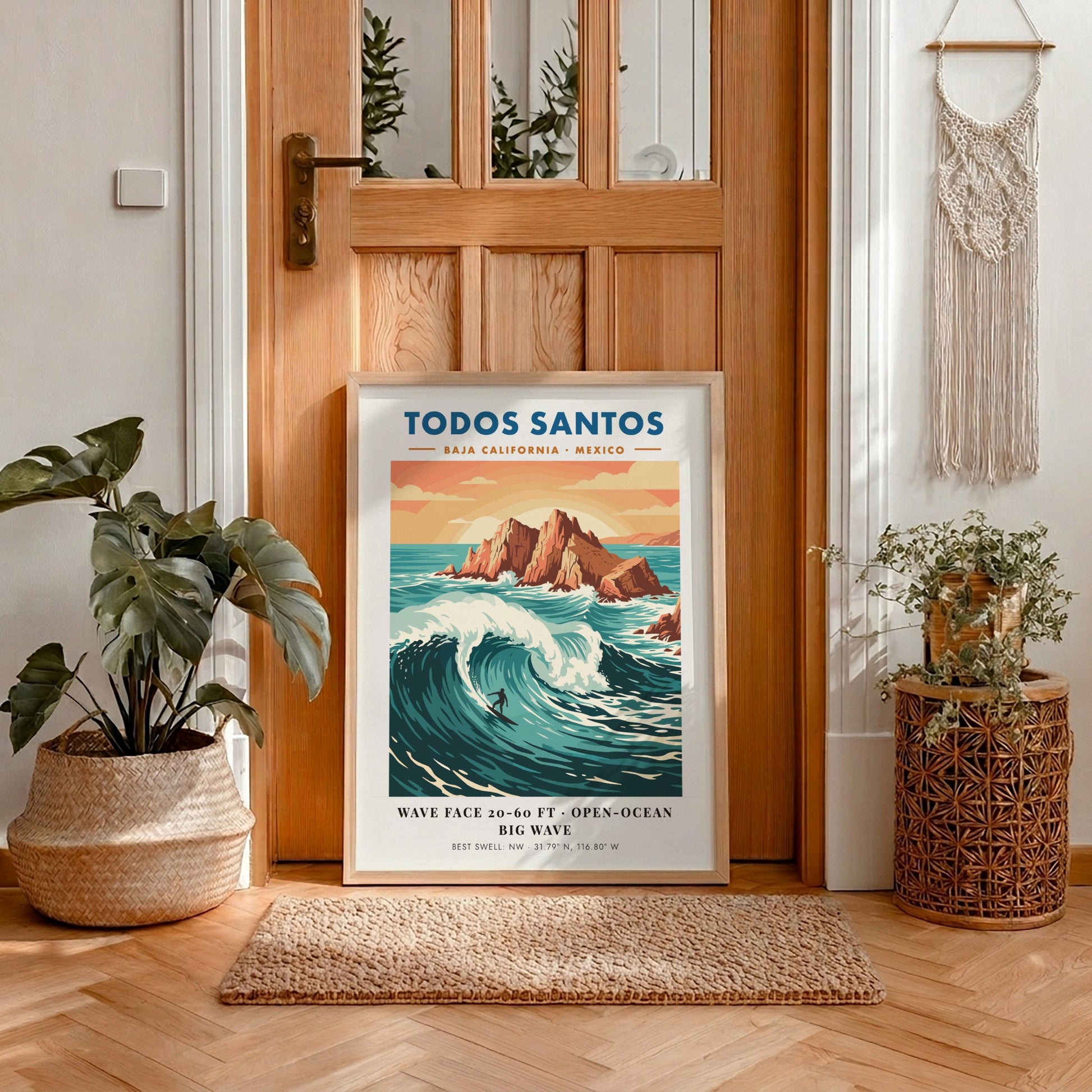 Todos Santos surf poster featuring a lone surfer on a massive blue wave