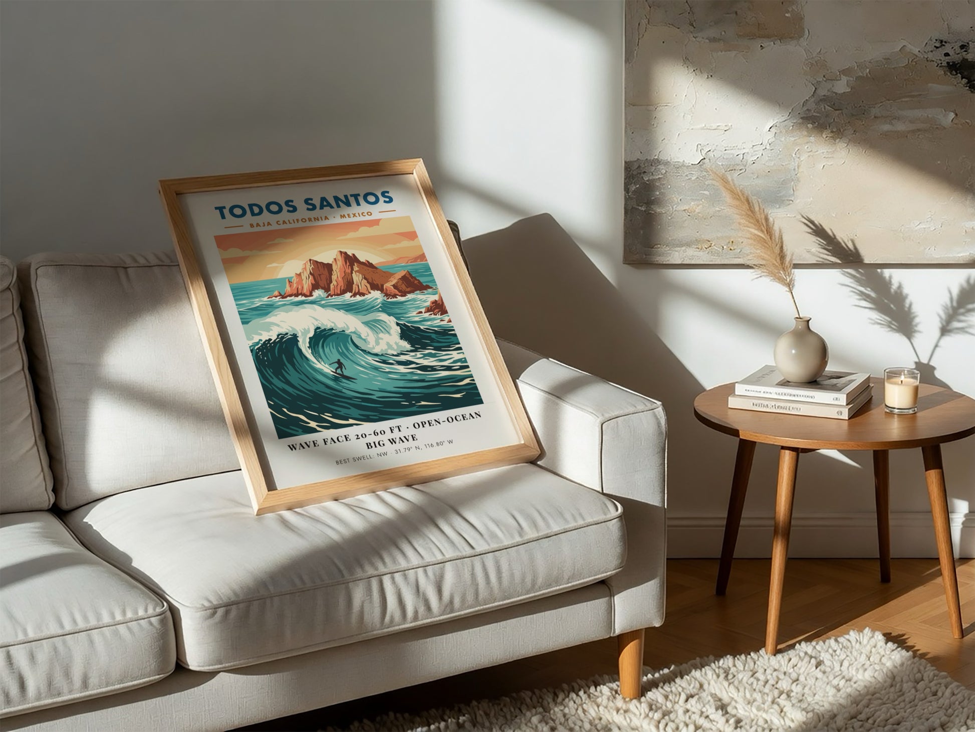 Todos Santos surf poster featuring a lone surfer on a massive blue wave