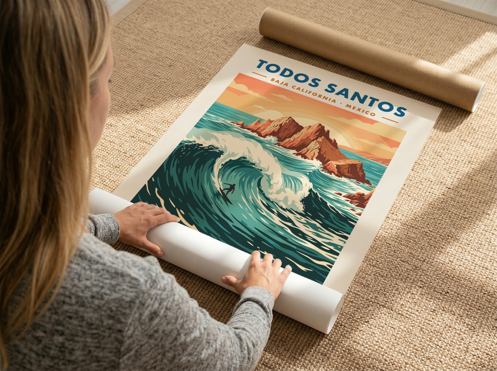 Todos Santos surf poster featuring a lone surfer on a massive blue wave
