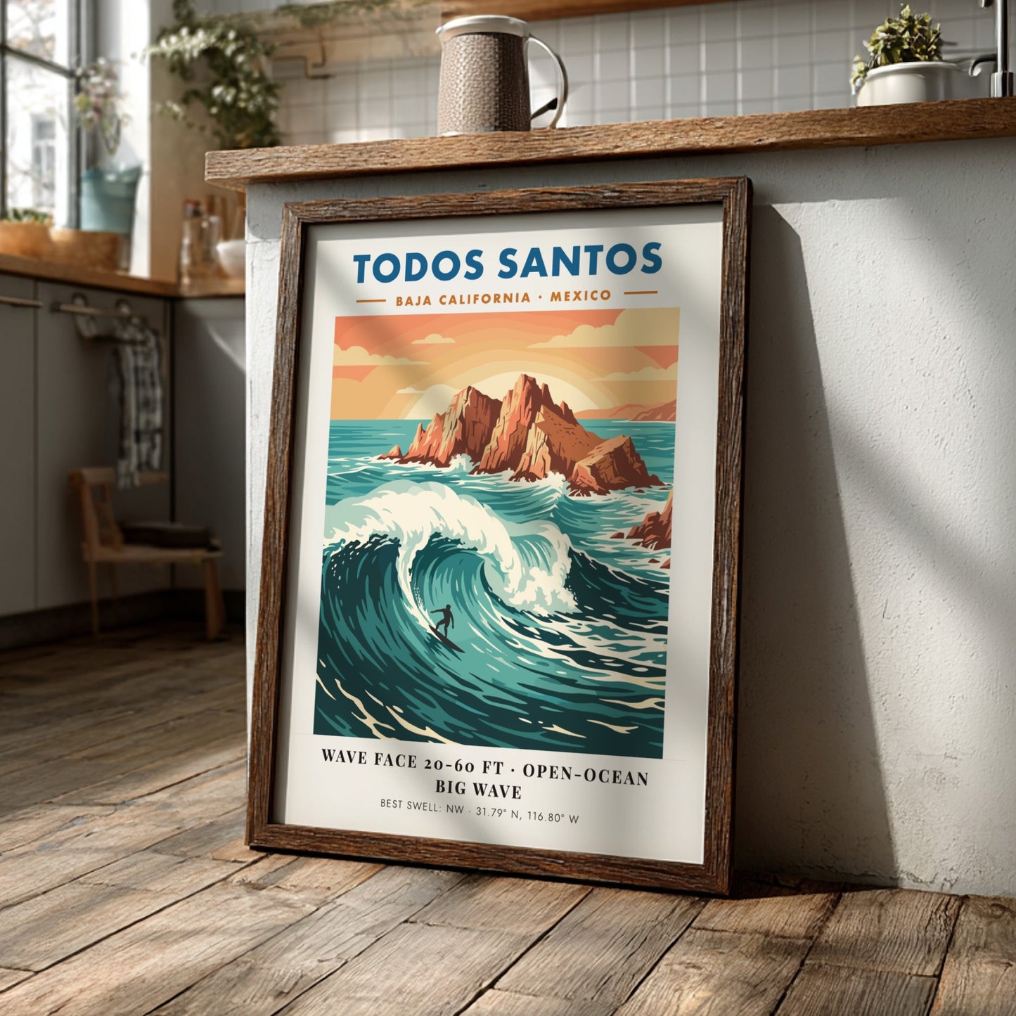 Todos Santos surf poster featuring a lone surfer on a massive blue wave