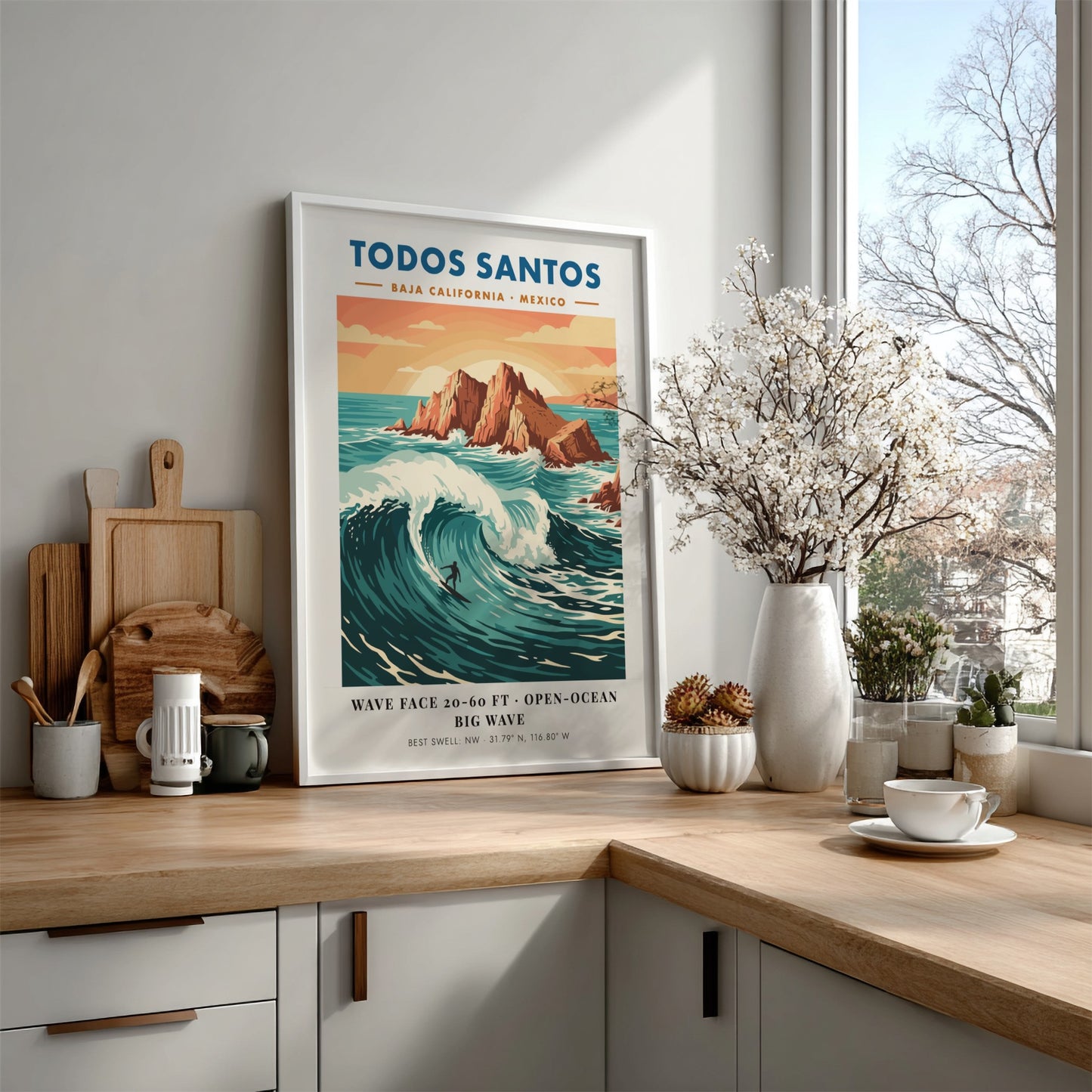 Todos Santos surf poster featuring a lone surfer on a massive blue wave