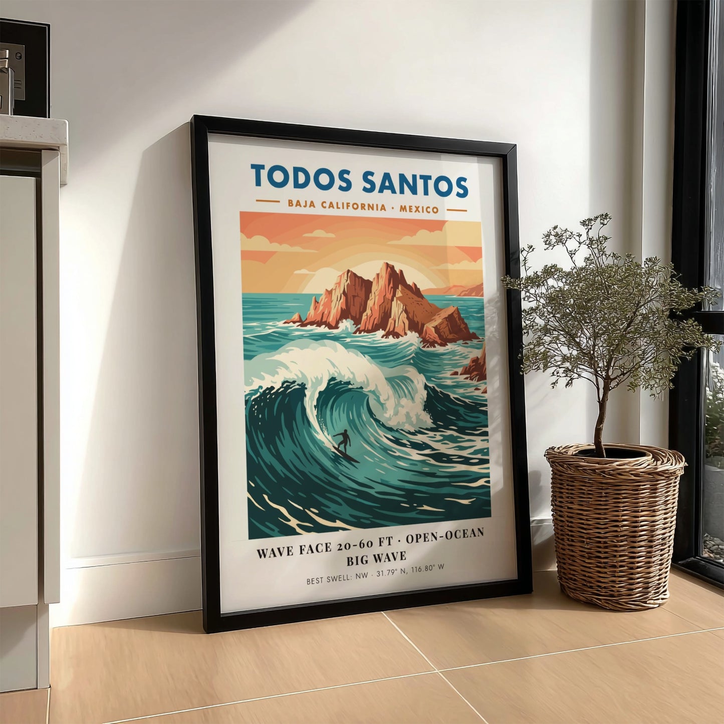 Todos Santos surf poster featuring a lone surfer on a massive blue wave