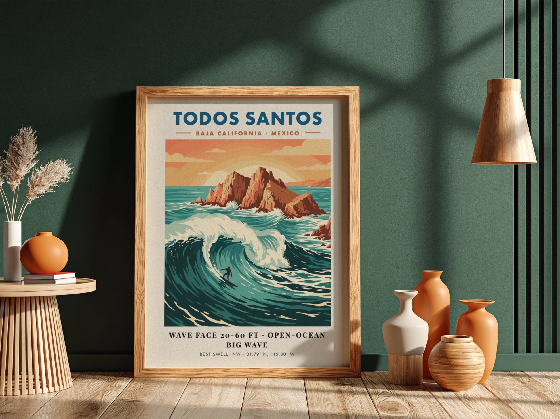 Todos Santos surf poster featuring a lone surfer on a massive blue wave