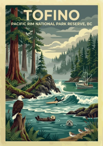 Travel poster of Tofino Pacific Rim National Park featuring trees, a surfer, and wildlife.