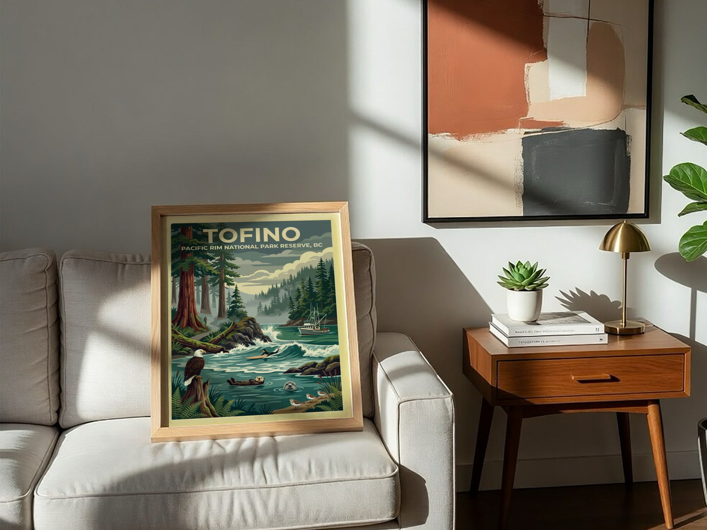 Travel poster of Tofino Pacific Rim National Park featuring trees, a surfer, and wildlife.