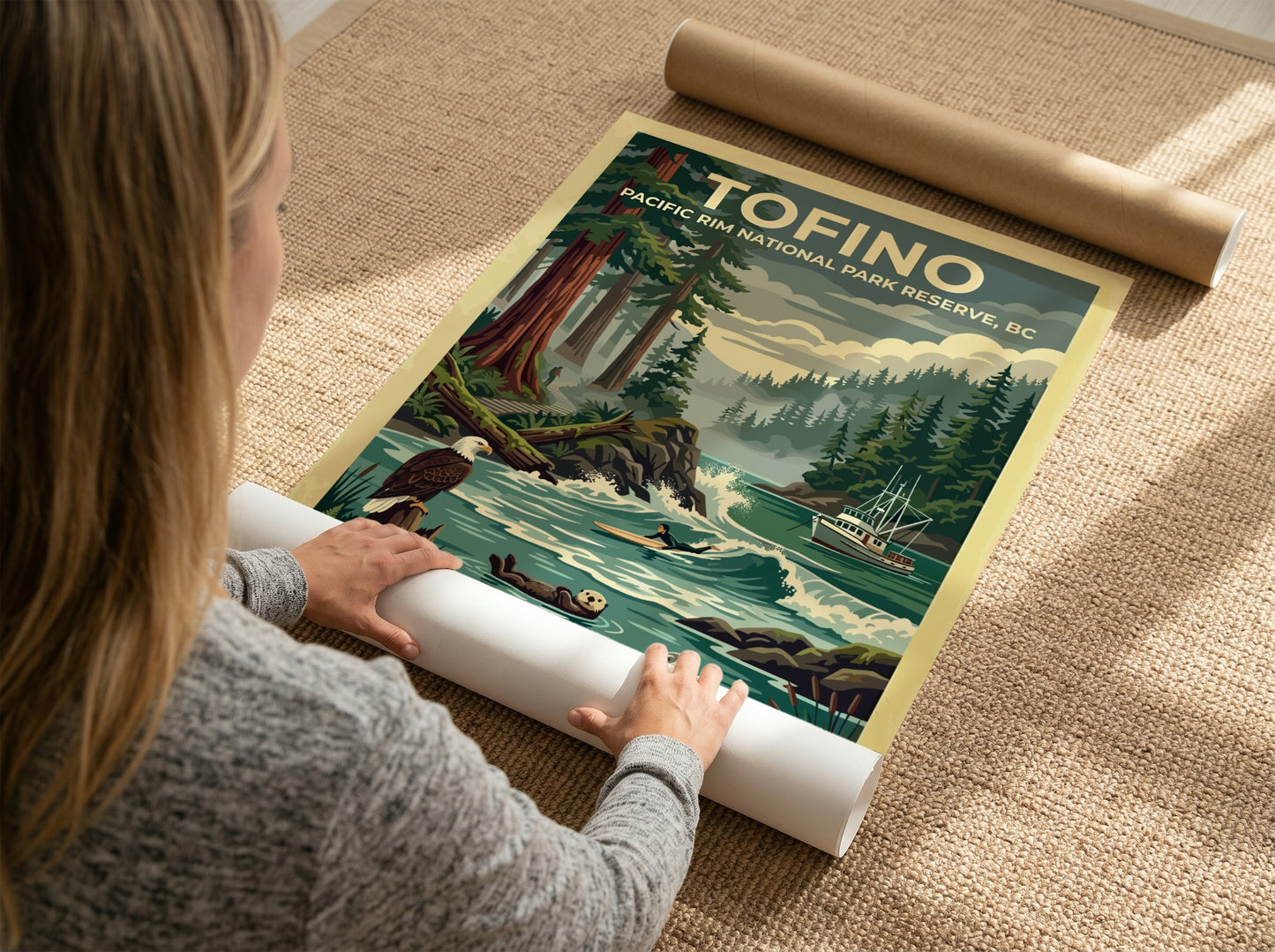 Travel poster of Tofino Pacific Rim National Park featuring trees, a surfer, and wildlife.