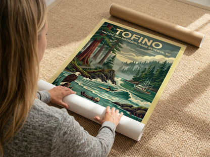 Travel poster of Tofino Pacific Rim National Park featuring trees, a surfer, and wildlife.