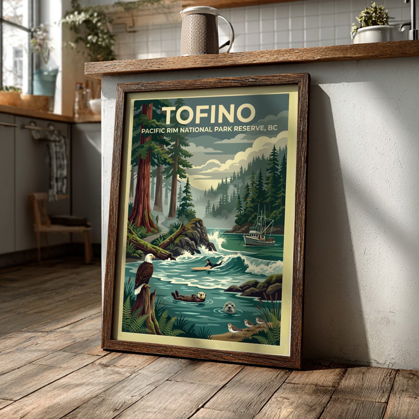Travel poster of Tofino Pacific Rim National Park featuring trees, a surfer, and wildlife.