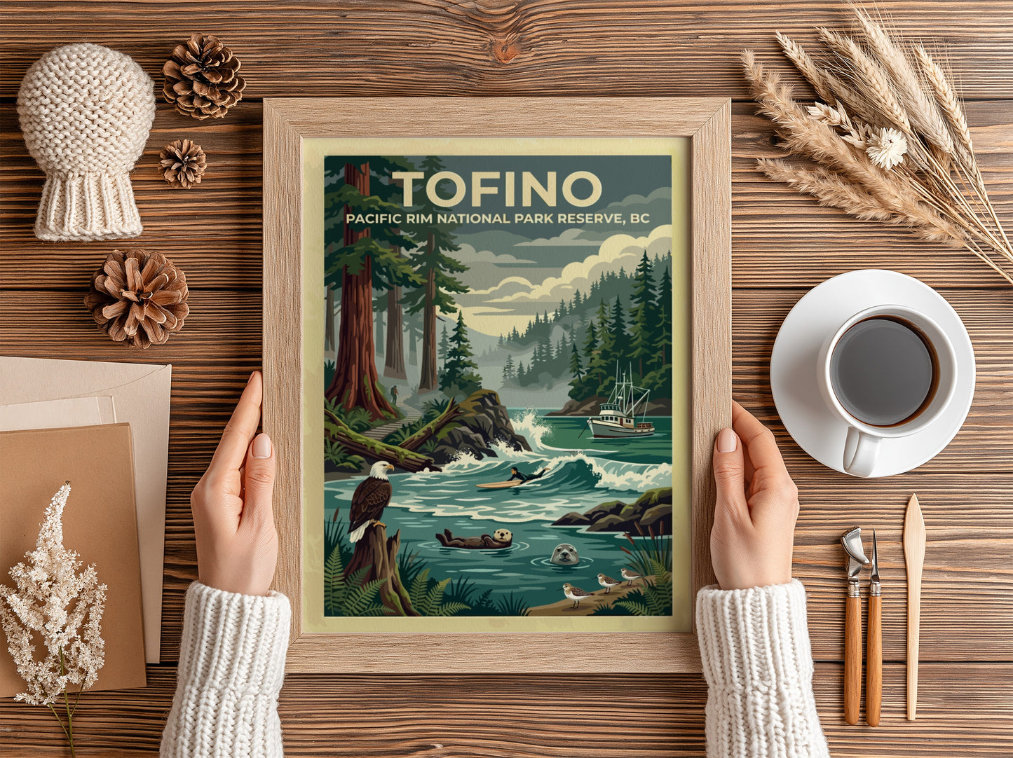 Travel poster of Tofino Pacific Rim National Park featuring trees, a surfer, and wildlife.