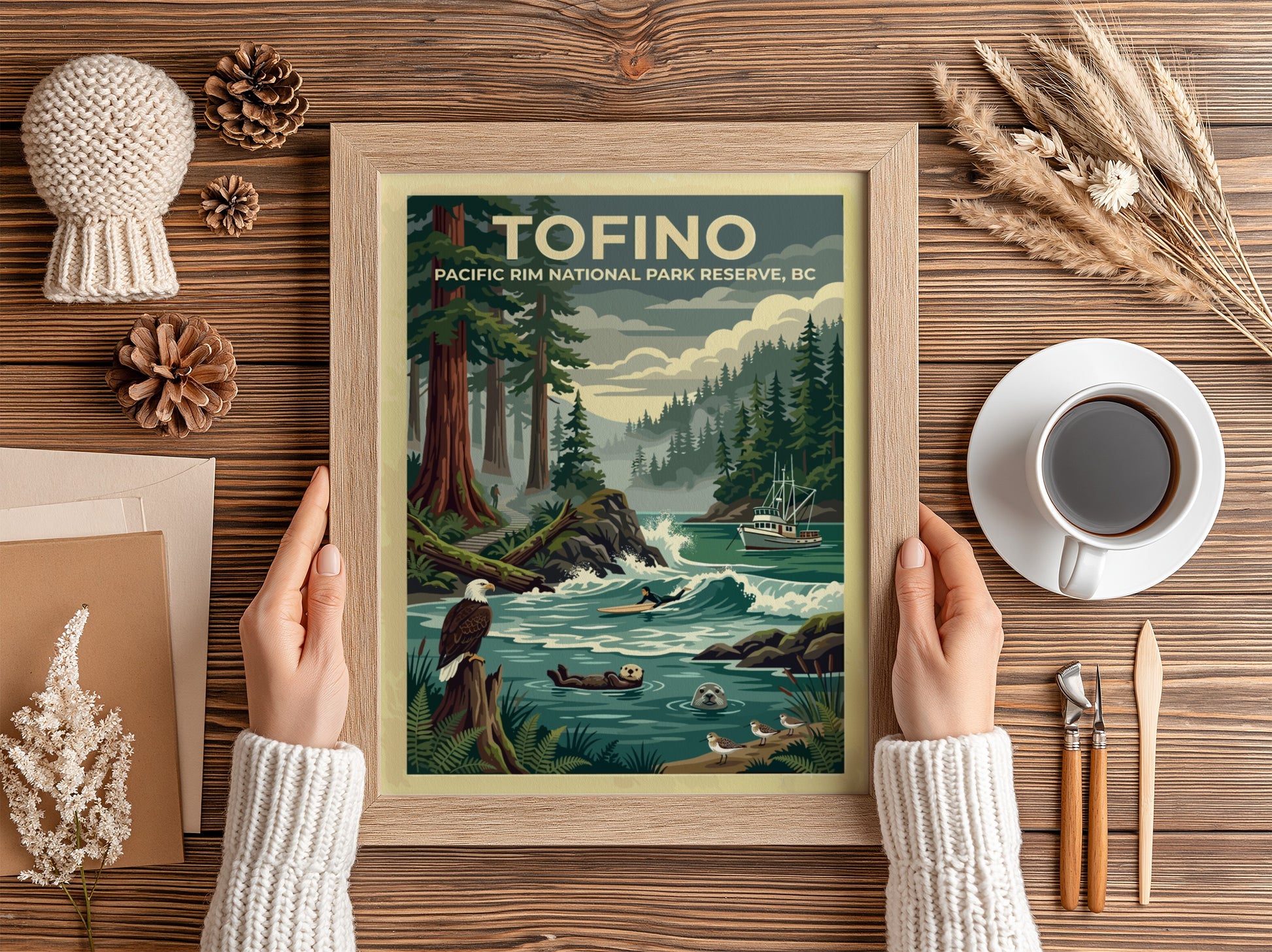 Travel poster of Tofino Pacific Rim National Park featuring trees, a surfer, and wildlife.