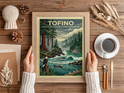 Travel poster of Tofino Pacific Rim National Park featuring trees, a surfer, and wildlife.