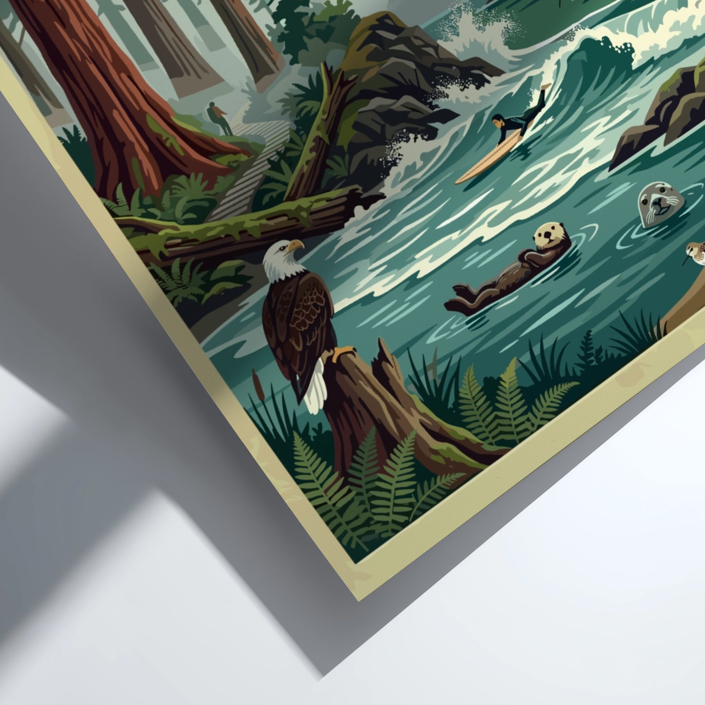 Travel poster of Tofino Pacific Rim National Park featuring trees, a surfer, and wildlife.