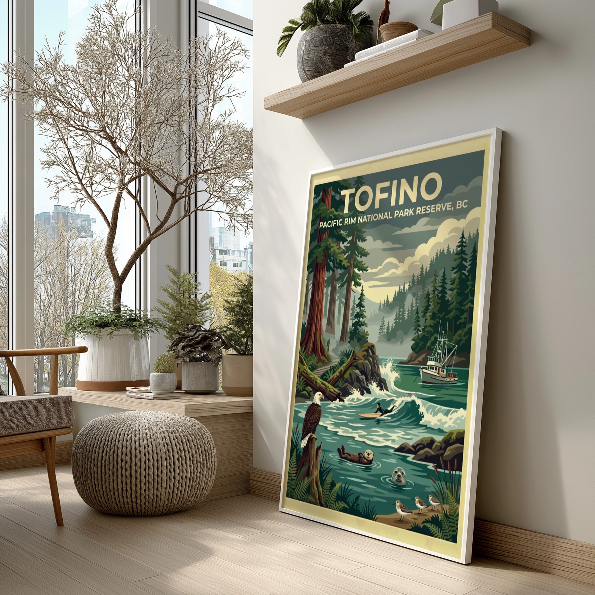 Travel poster of Tofino Pacific Rim National Park featuring trees, a surfer, and wildlife.
