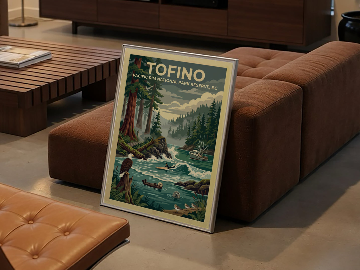 Travel poster of Tofino Pacific Rim National Park featuring trees, a surfer, and wildlife.