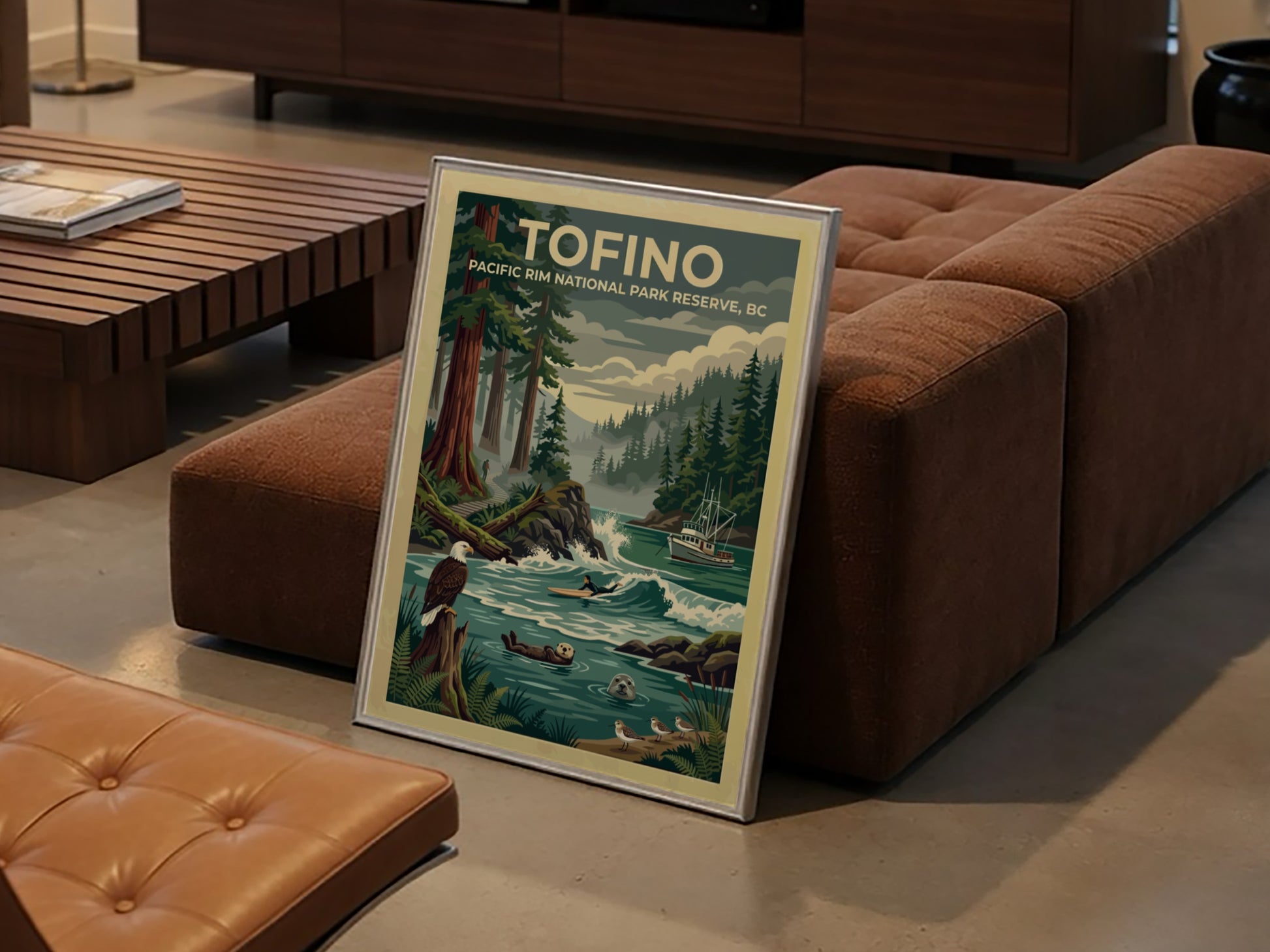 Travel poster of Tofino Pacific Rim National Park featuring trees, a surfer, and wildlife.