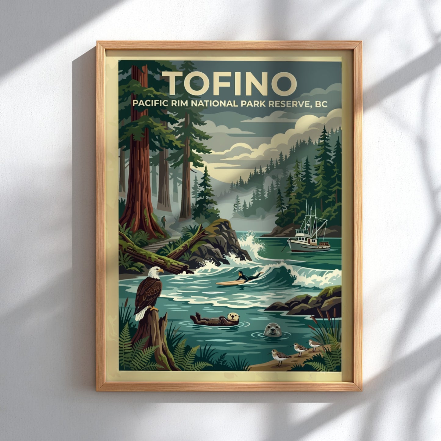 Travel poster of Tofino Pacific Rim National Park featuring trees, a surfer, and wildlife.