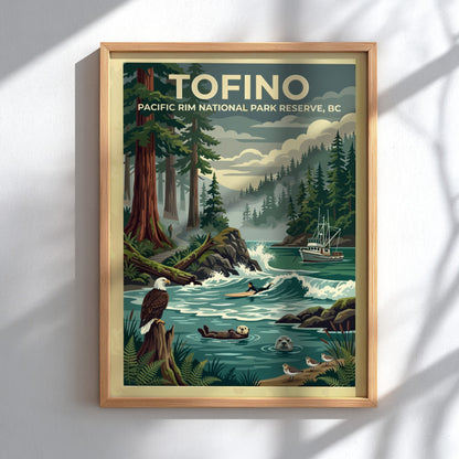 Travel poster of Tofino Pacific Rim National Park featuring trees, a surfer, and wildlife.