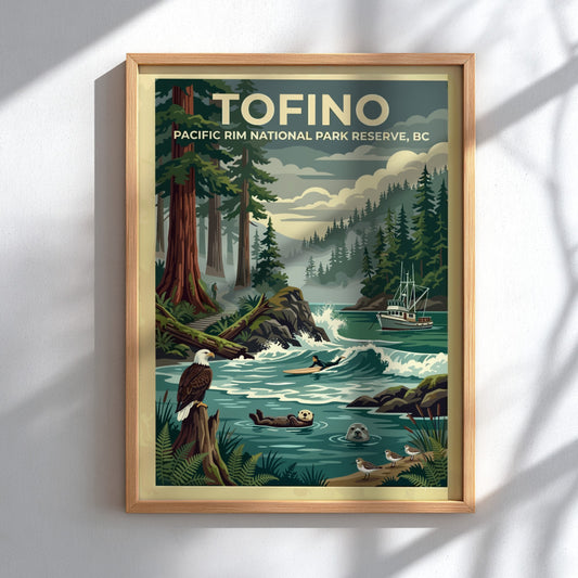 Travel poster of Tofino Pacific Rim National Park featuring trees, a surfer, and wildlife.