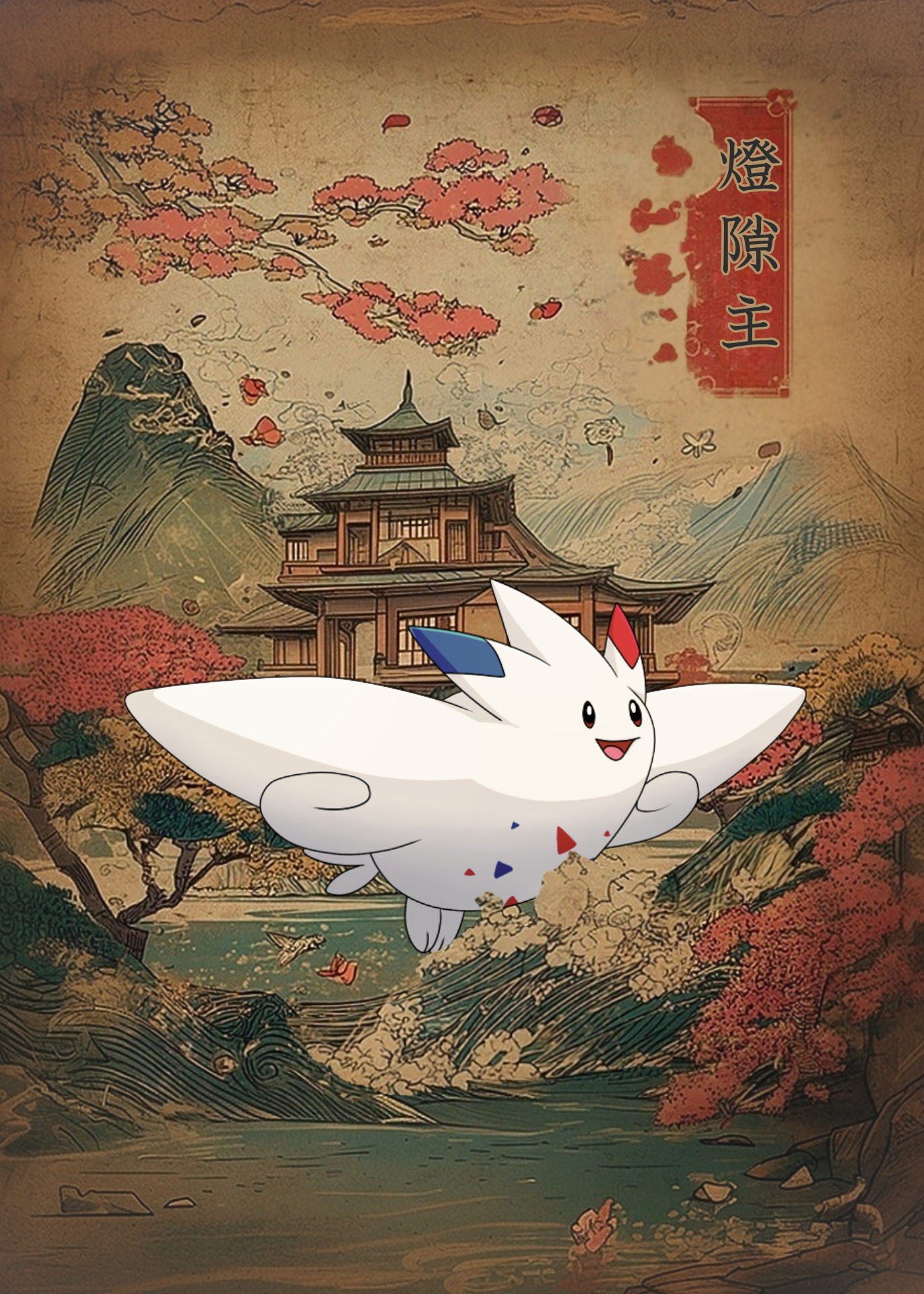 Togekiss Pokemon character in a Japanese-style setting with a traditional building and cherry blossoms.