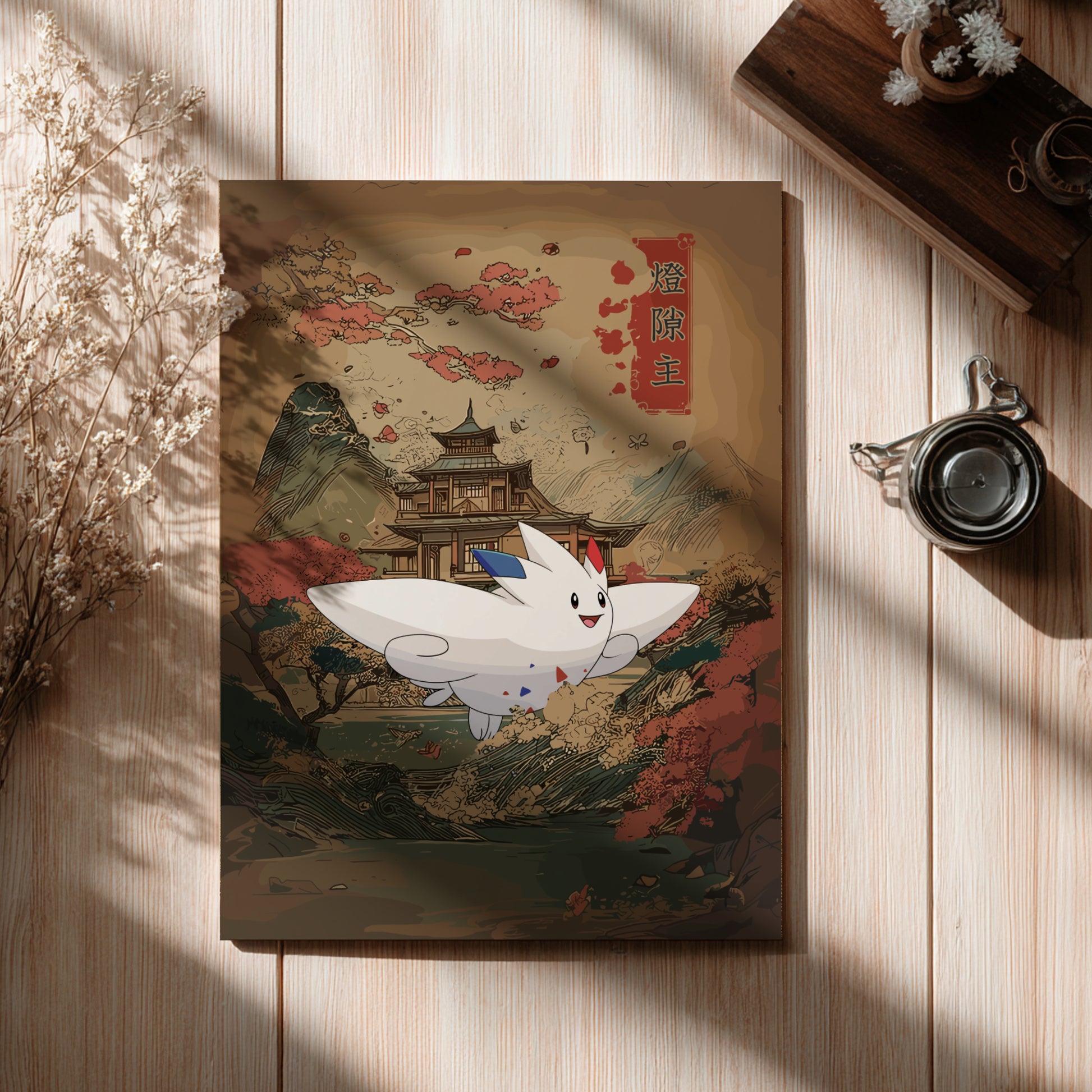 Card with Togekiss Pokemon character in a traditional Japanese setting on a wooden surface.