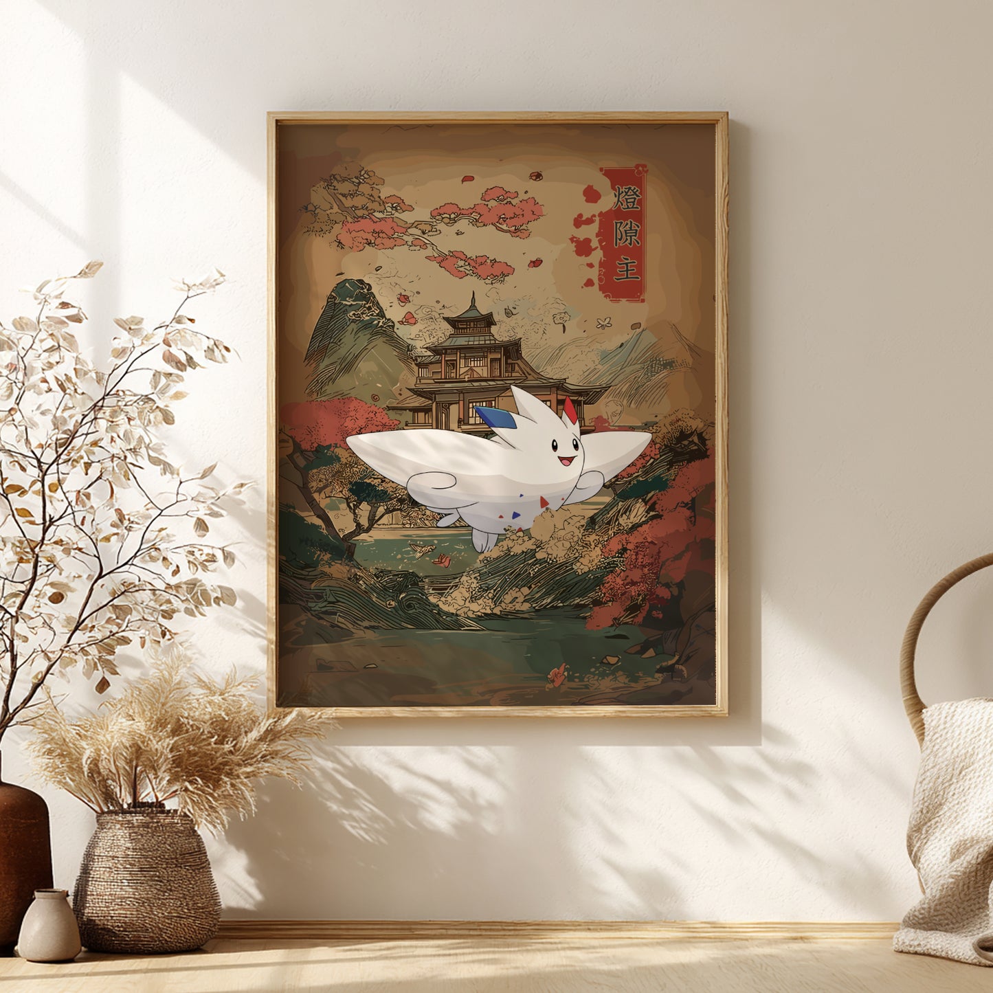 Framed artwork with Togekiss Pokemon character in a scenic setting on a wall.
