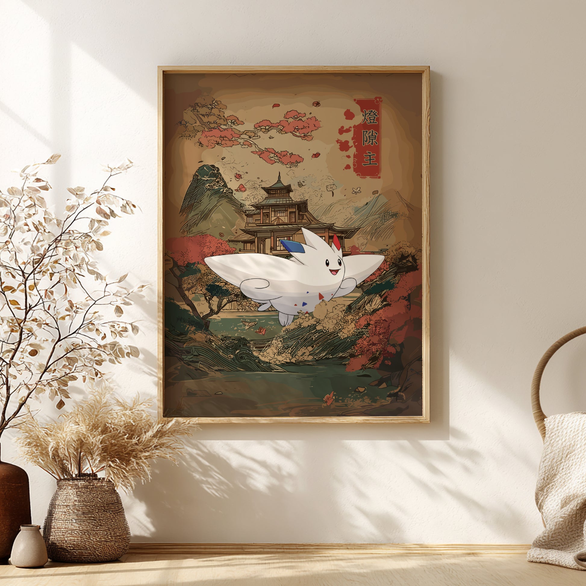 Framed artwork with Togekiss Pokemon character in a scenic setting on a wall.