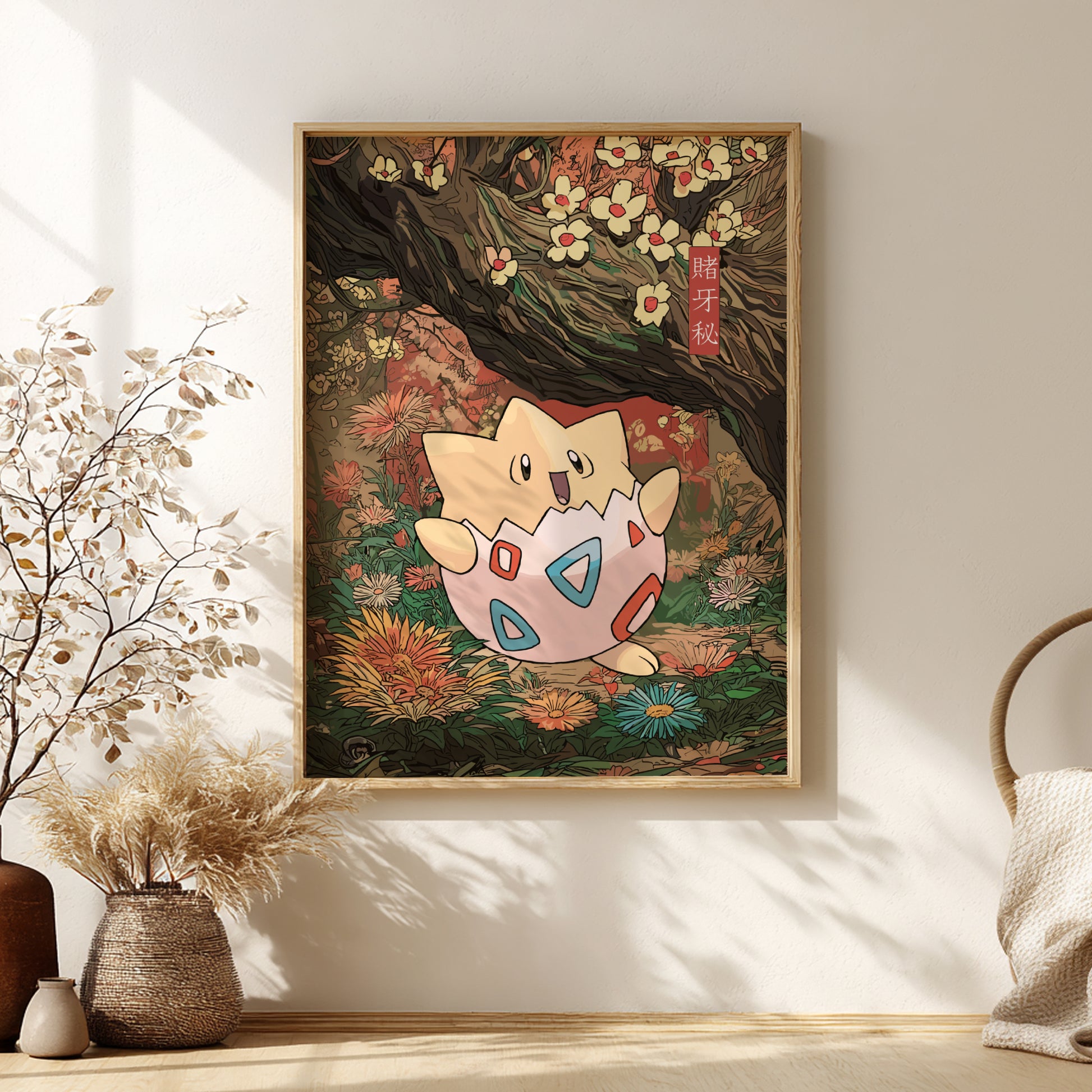 Framed artwork of Togepi Pokemon in a natural setting with flowers and leaves.