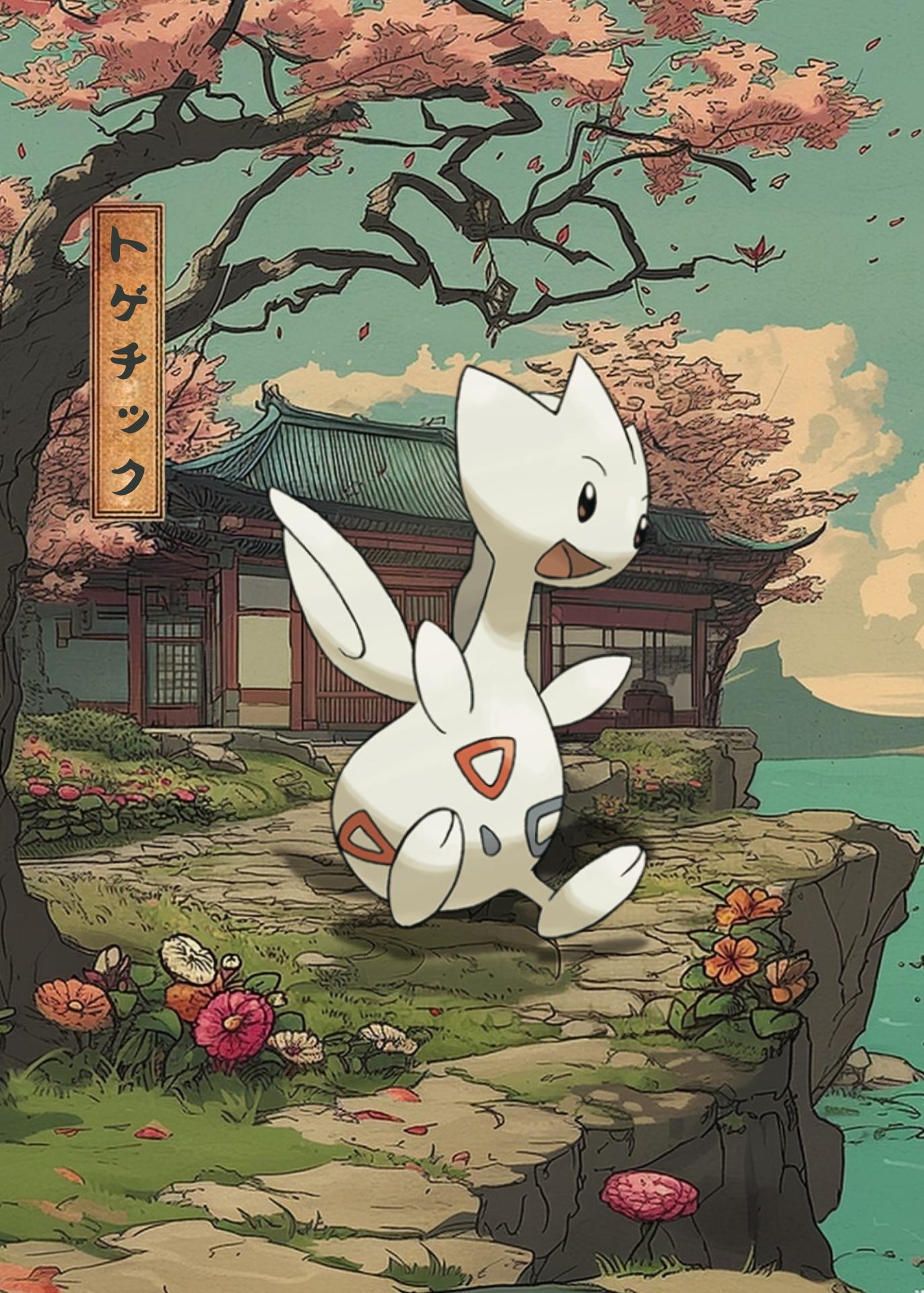 Togetic Pokemon in a Japanese-style garden with cherry blossoms and a traditional building.
