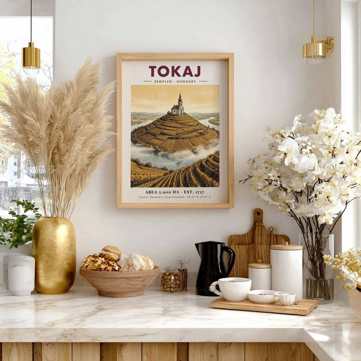 Poster of Tokaj Hungary featuring a hilltop church amidst golden terraced vineyards landscape.