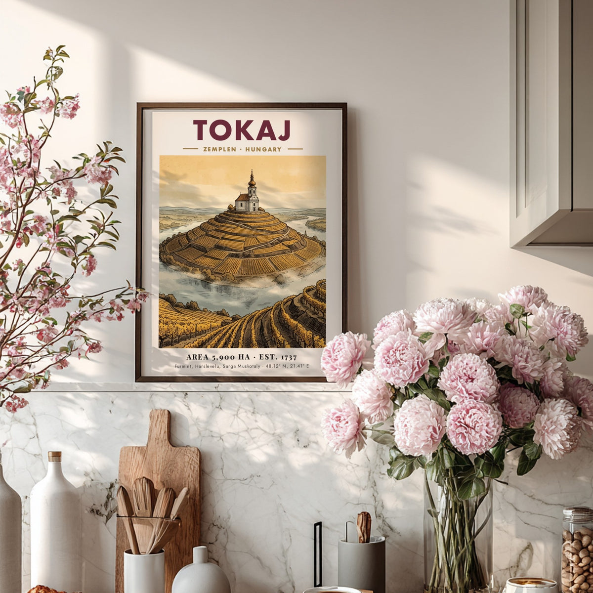Poster of Tokaj Hungary featuring a hilltop church amidst golden terraced vineyards landscape.