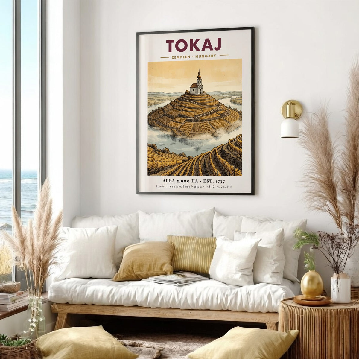 Poster of Tokaj Hungary featuring a hilltop church amidst golden terraced vineyards landscape.