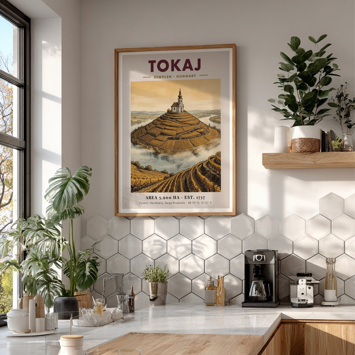 Poster of Tokaj Hungary featuring a hilltop church amidst golden terraced vineyards landscape.