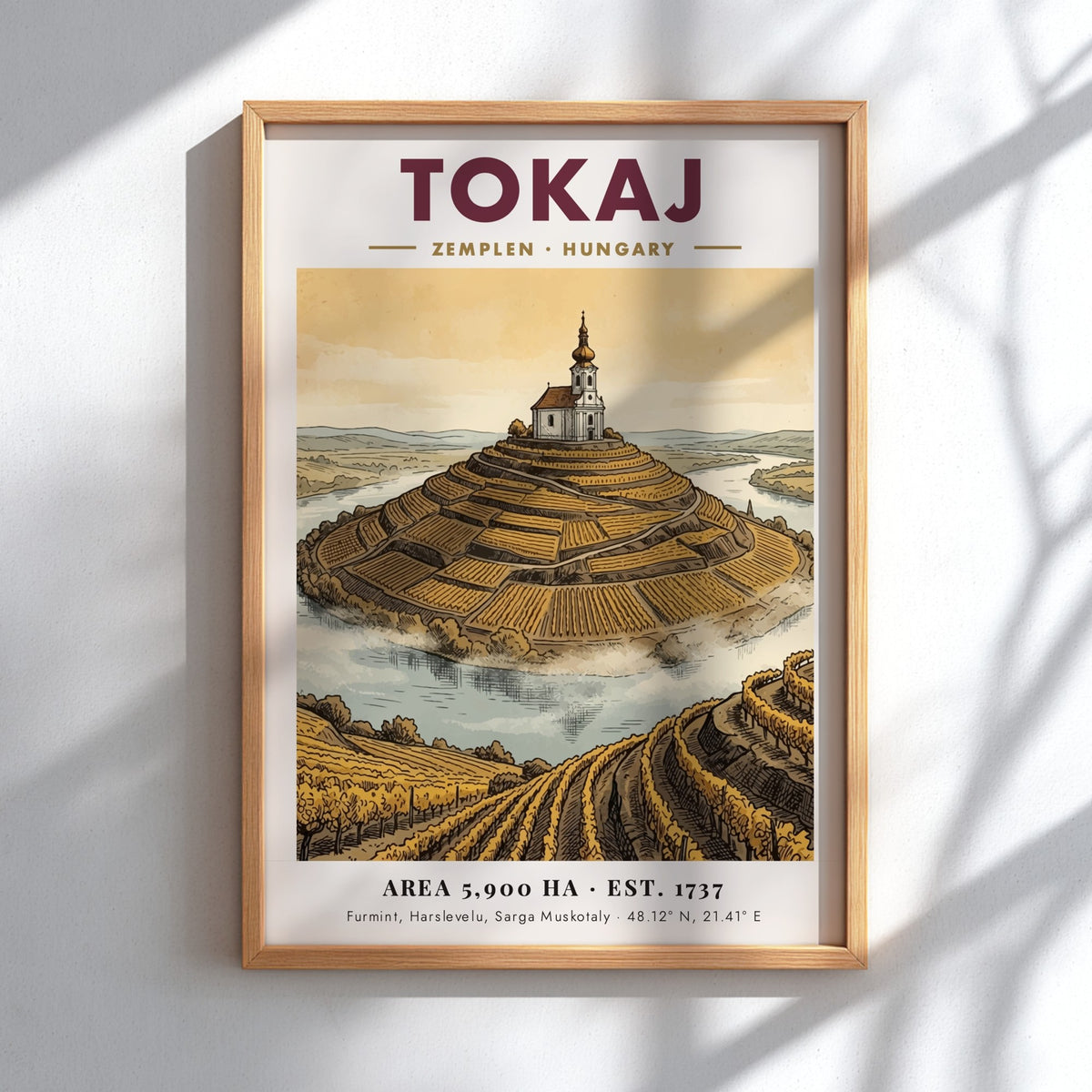 Poster of Tokaj Hungary featuring a hilltop church amidst golden terraced vineyards landscape.