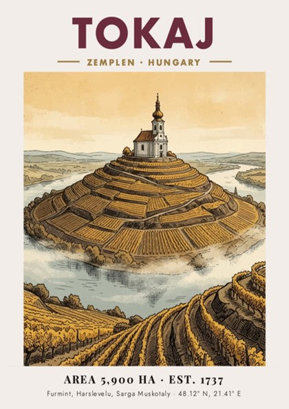 Poster of Tokaj Hungary featuring a hilltop church amidst golden terraced vineyards landscape.