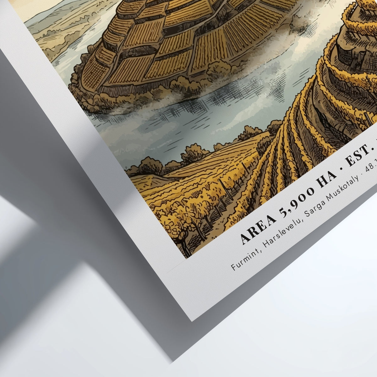 Poster of Tokaj Hungary featuring a hilltop church amidst golden terraced vineyards landscape.