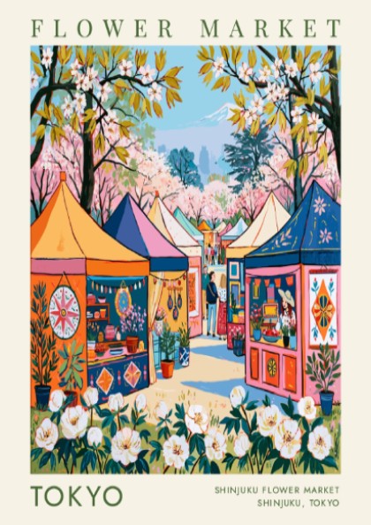 Flower market poster showcasing Tokyo's vibrant cityscape with colorful tents and cherry blossoms
