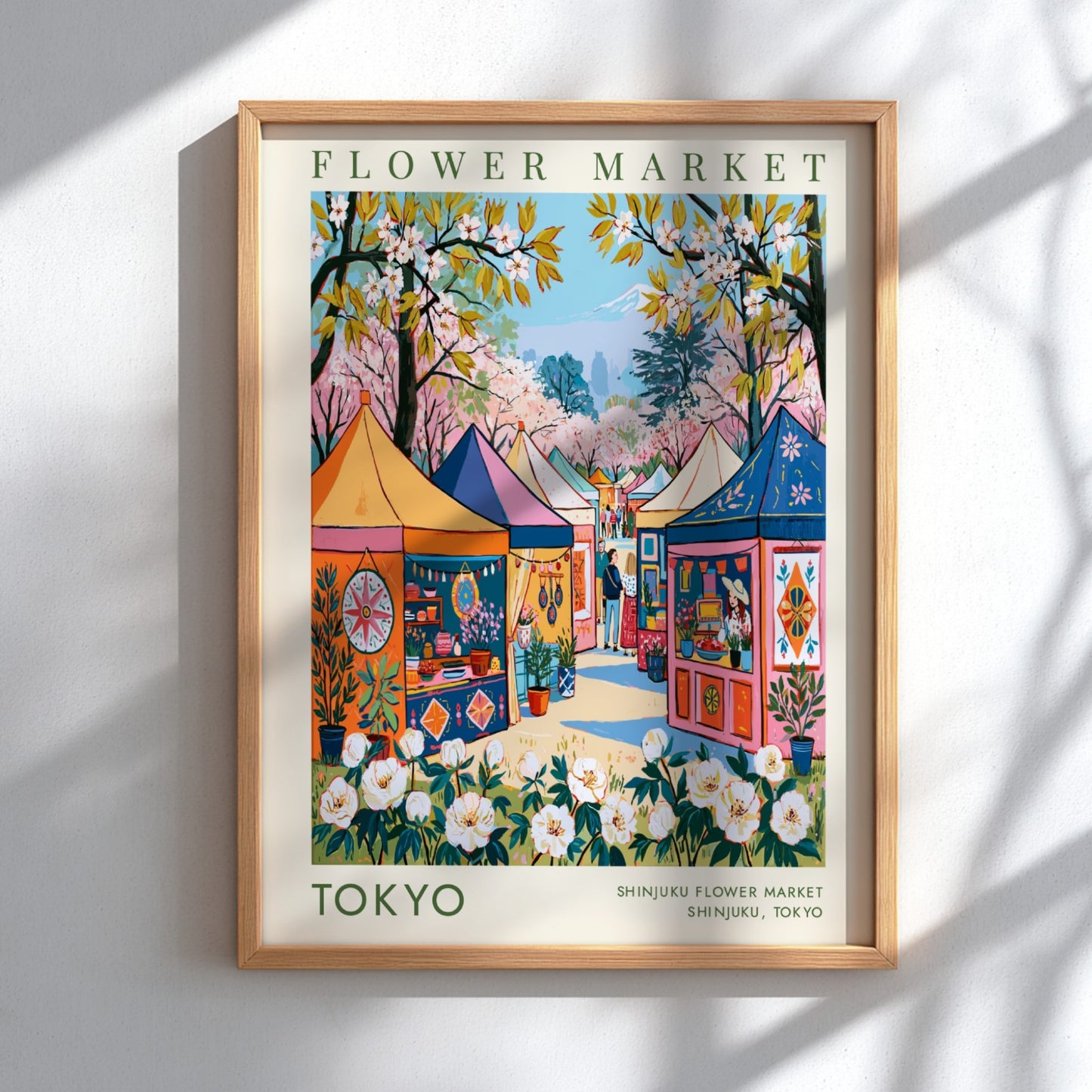 Flower market poster showcasing Tokyo's vibrant cityscape with colorful tents and cherry blossoms