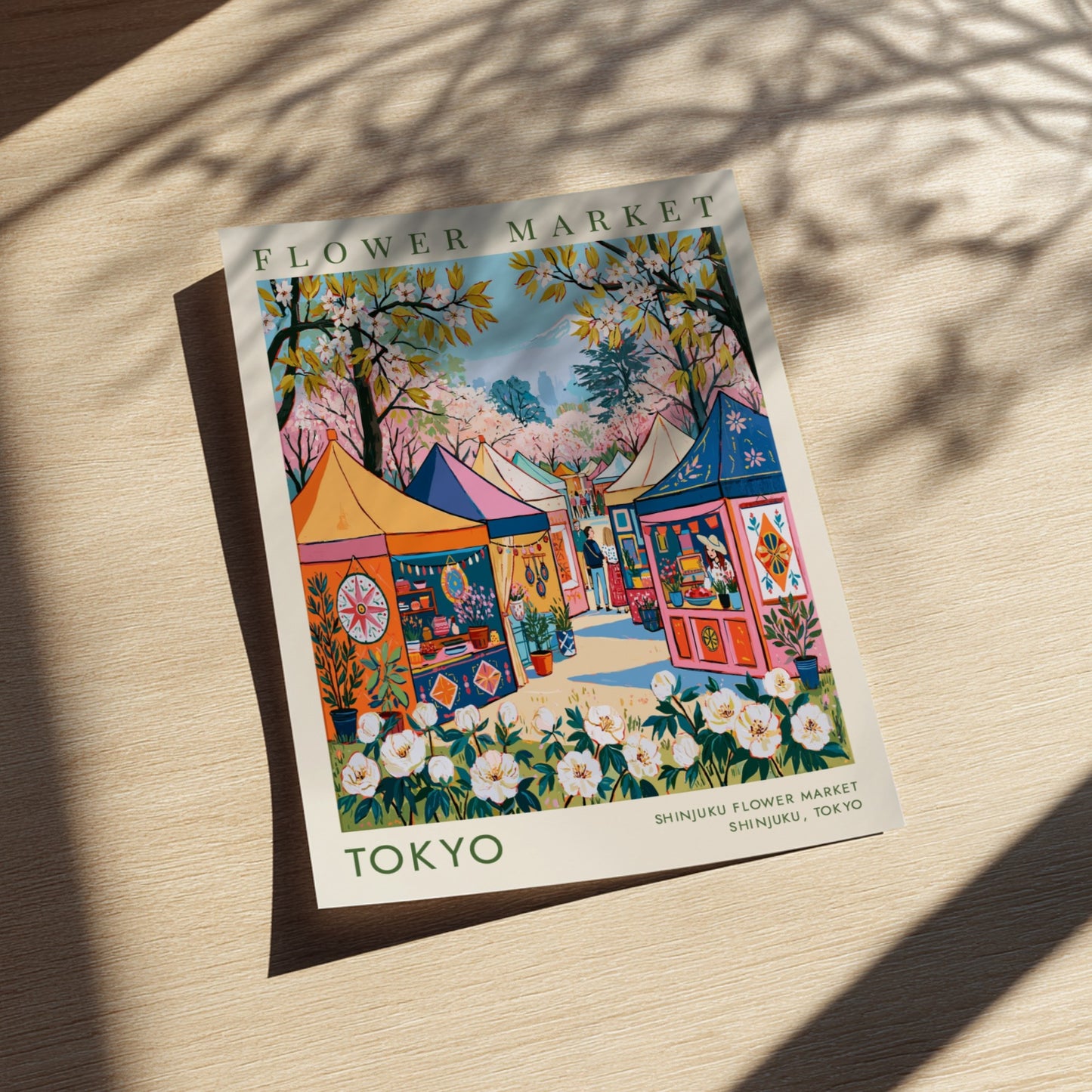 Flower market poster showcasing Tokyo's vibrant cityscape with colorful tents and cherry blossoms