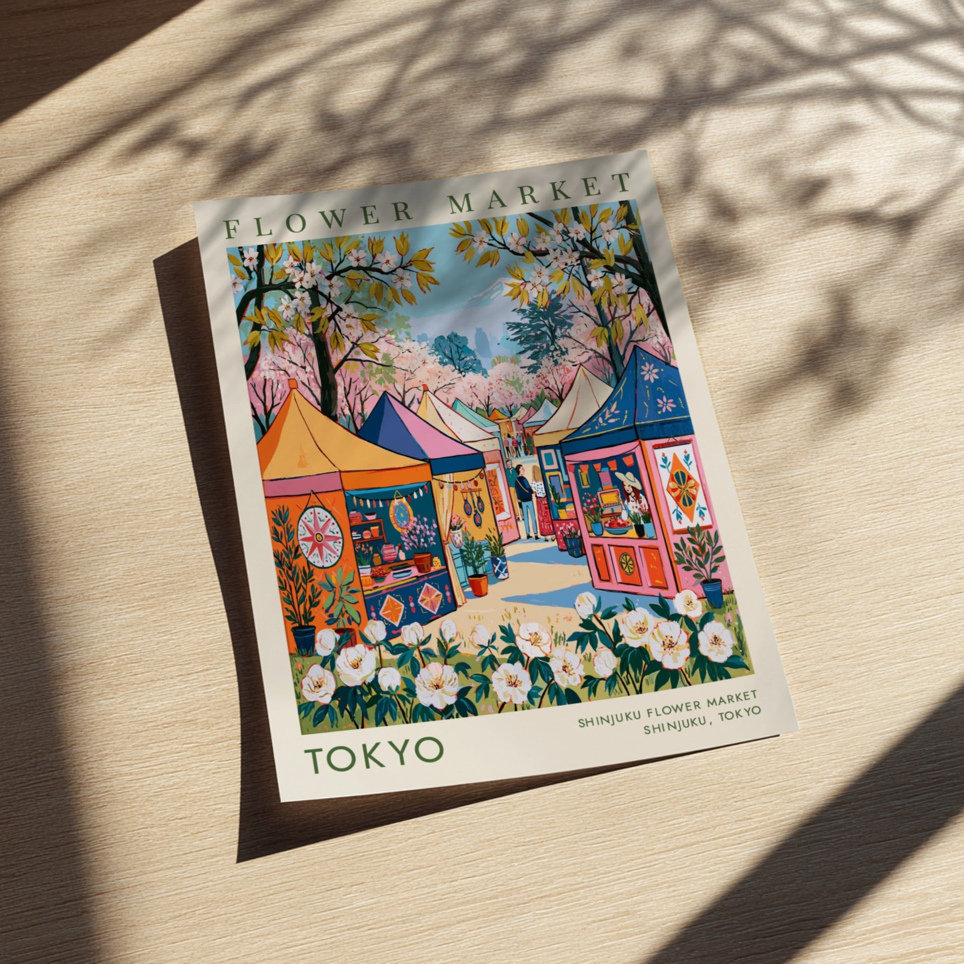 Flower market poster showcasing Tokyo's vibrant cityscape with colorful tents and cherry blossoms