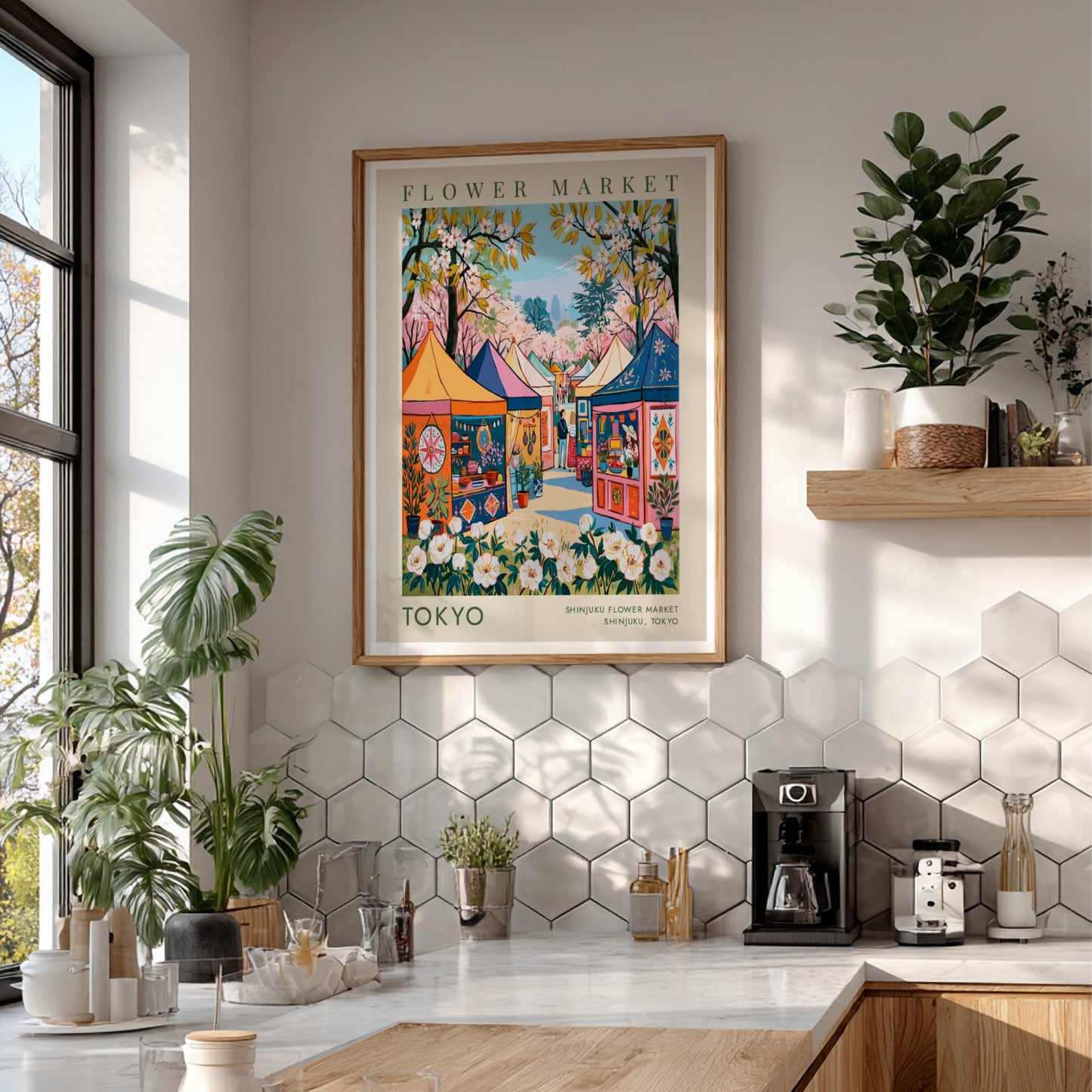 Flower market poster showcasing Tokyo's vibrant cityscape with colorful tents and cherry blossoms