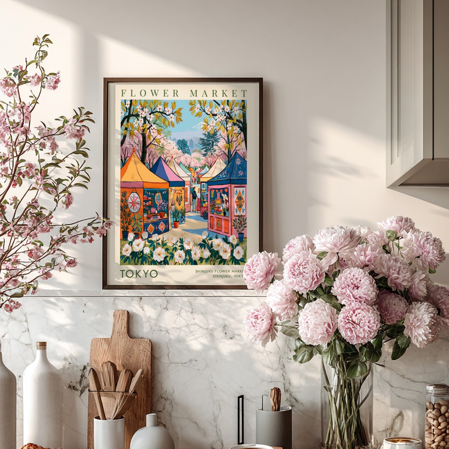Flower market poster showcasing Tokyo's vibrant cityscape with colorful tents and cherry blossoms