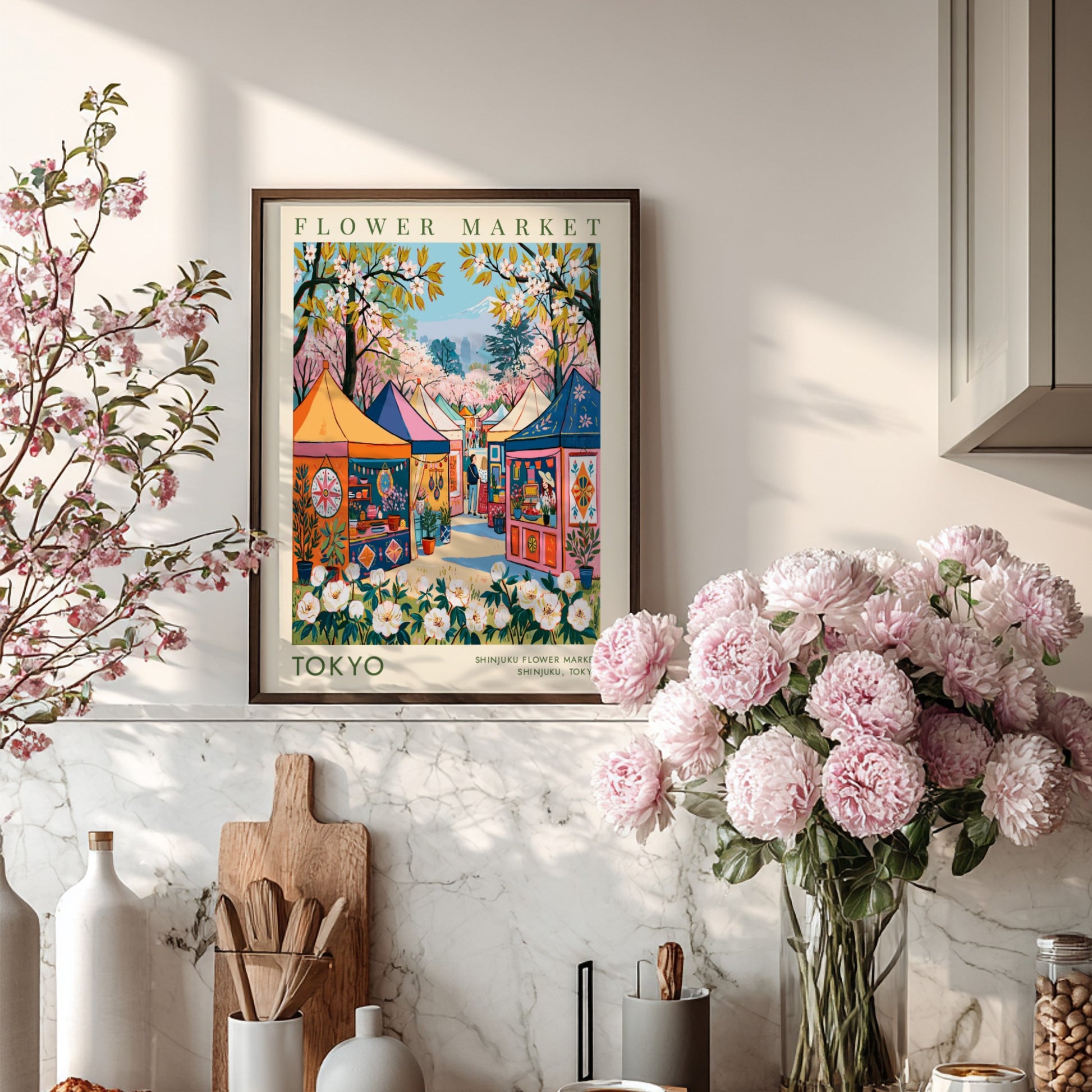 Flower market poster showcasing Tokyo's vibrant cityscape with colorful tents and cherry blossoms