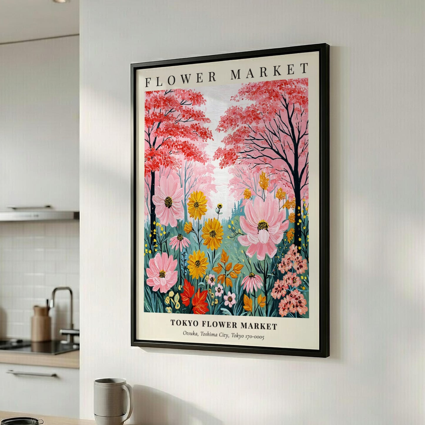 Tokyo Flower Market poster featuring vibrant flowers in pink, yellow, and green, ideal for wall decor.