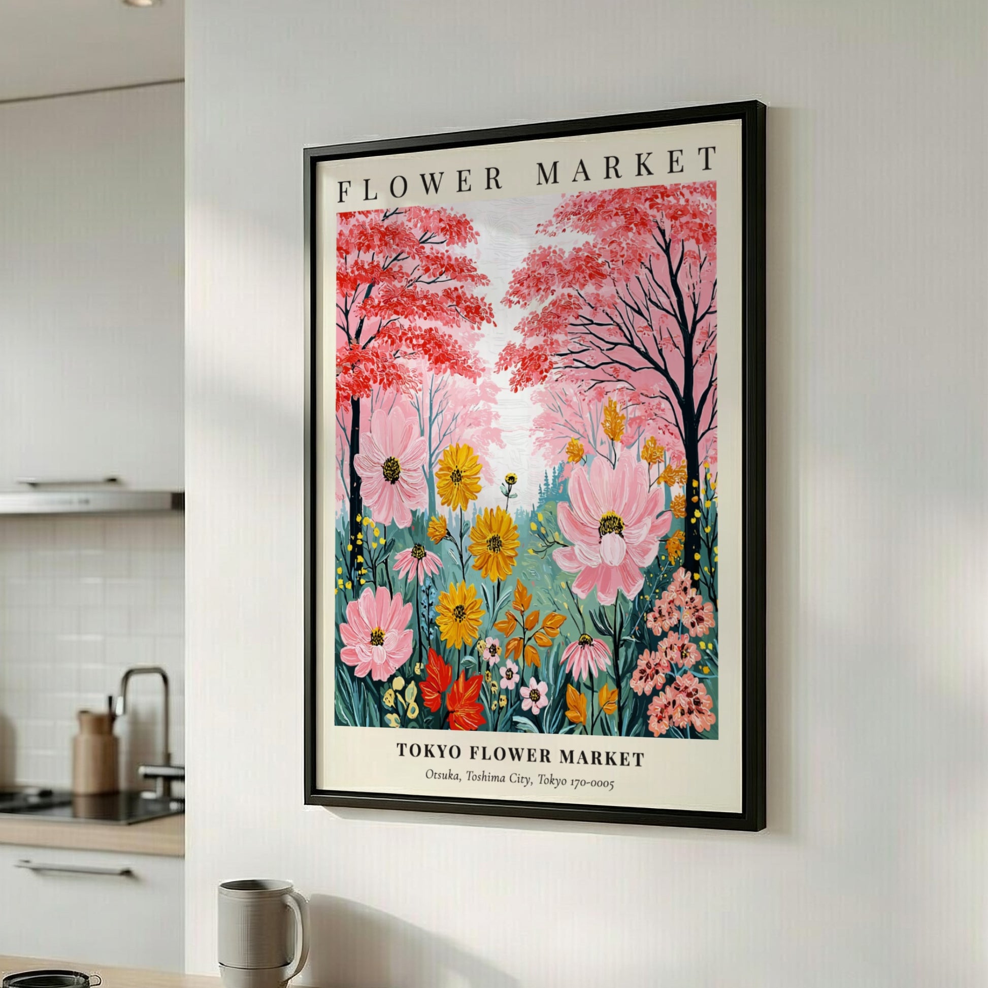 Tokyo Flower Market poster featuring vibrant flowers in pink, yellow, and green, ideal for wall decor.