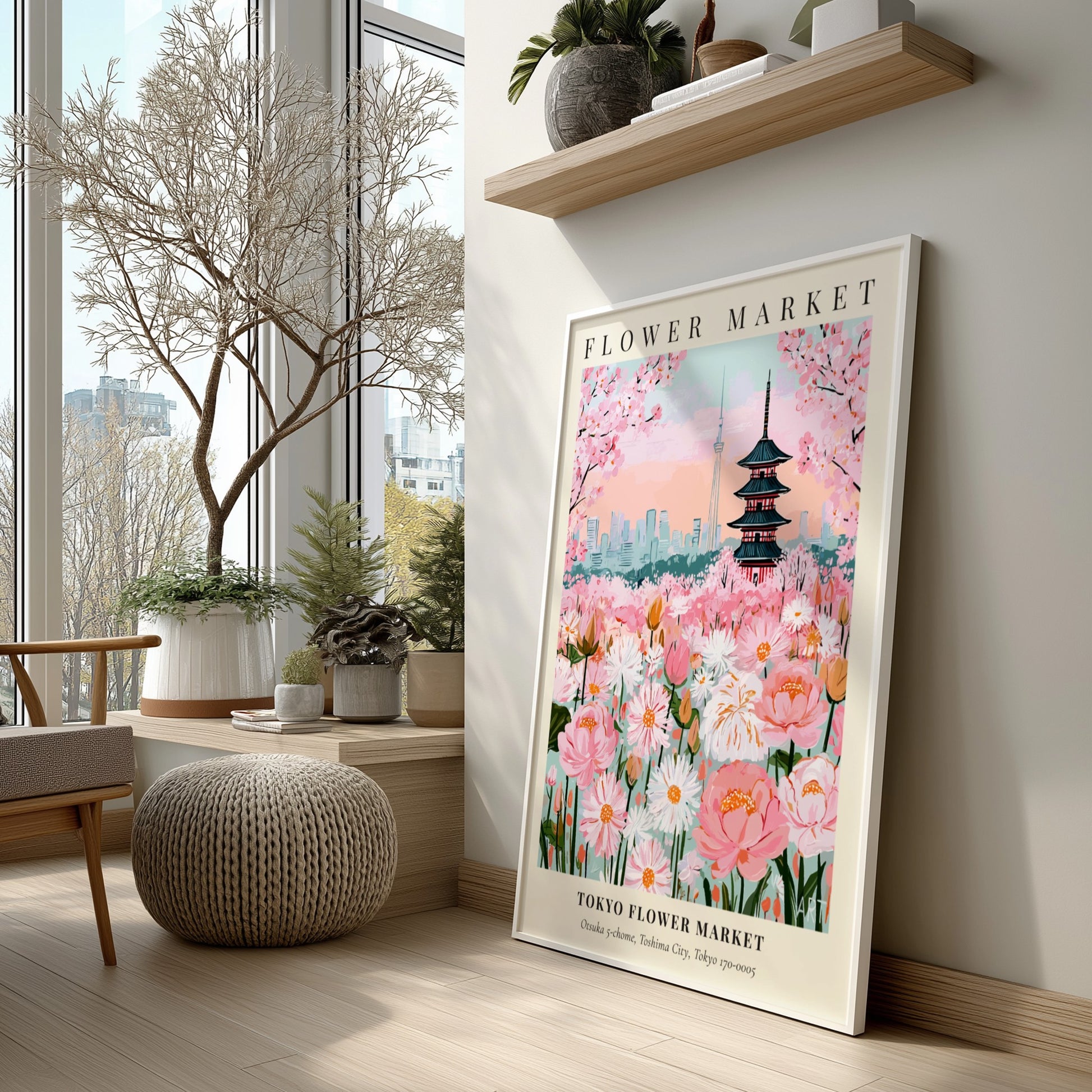 Tokyo Flower Market print featuring pink blossoms and traditional architecture in vibrant colors