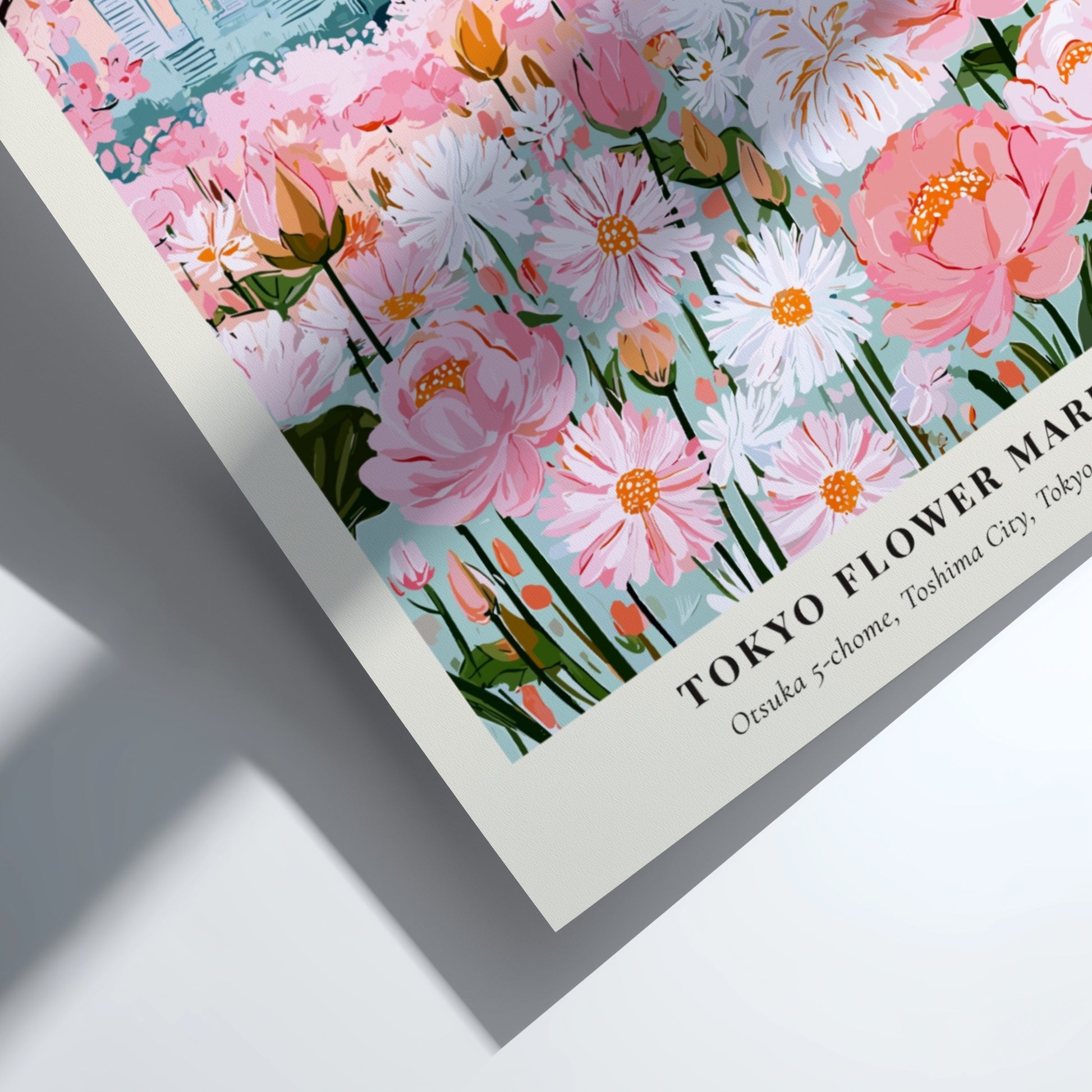Tokyo Flower Market print featuring pink blossoms and traditional architecture in vibrant colors