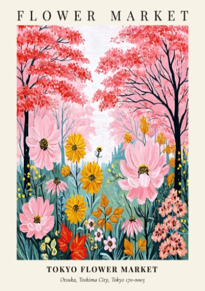 Tokyo Flower Market poster featuring vibrant flowers in pink, yellow, and green, ideal for wall decor.