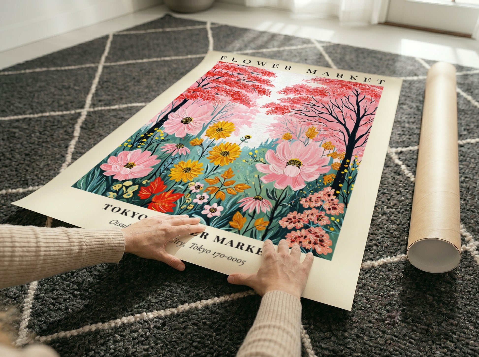 Tokyo Flower Market poster featuring vibrant flowers in pink, yellow, and green, ideal for wall decor.